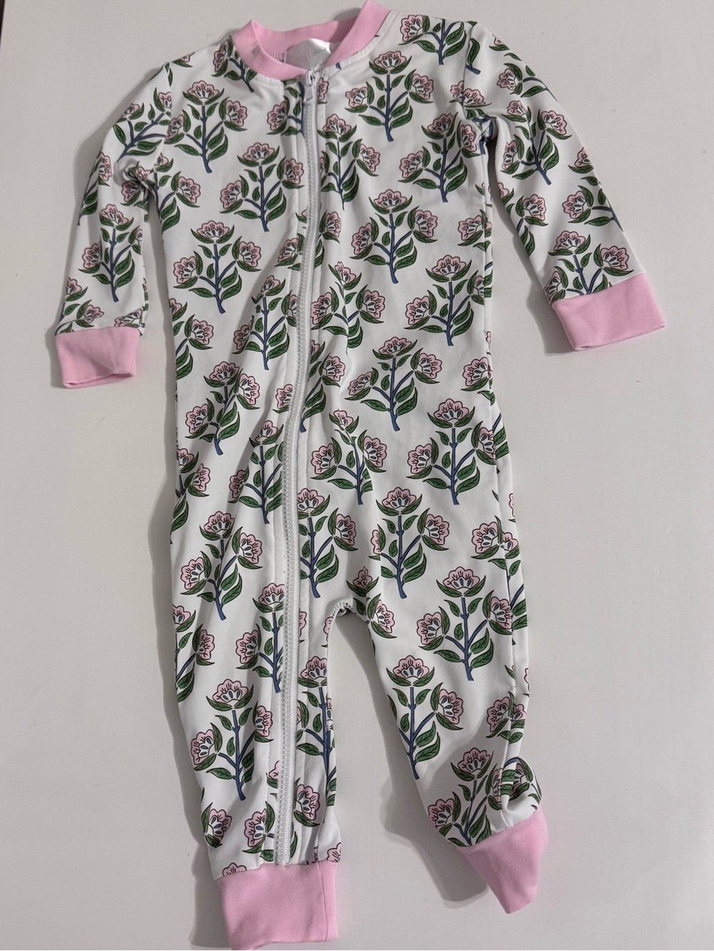 White Floral Zip-Up Baby Footie with Pink Trim
